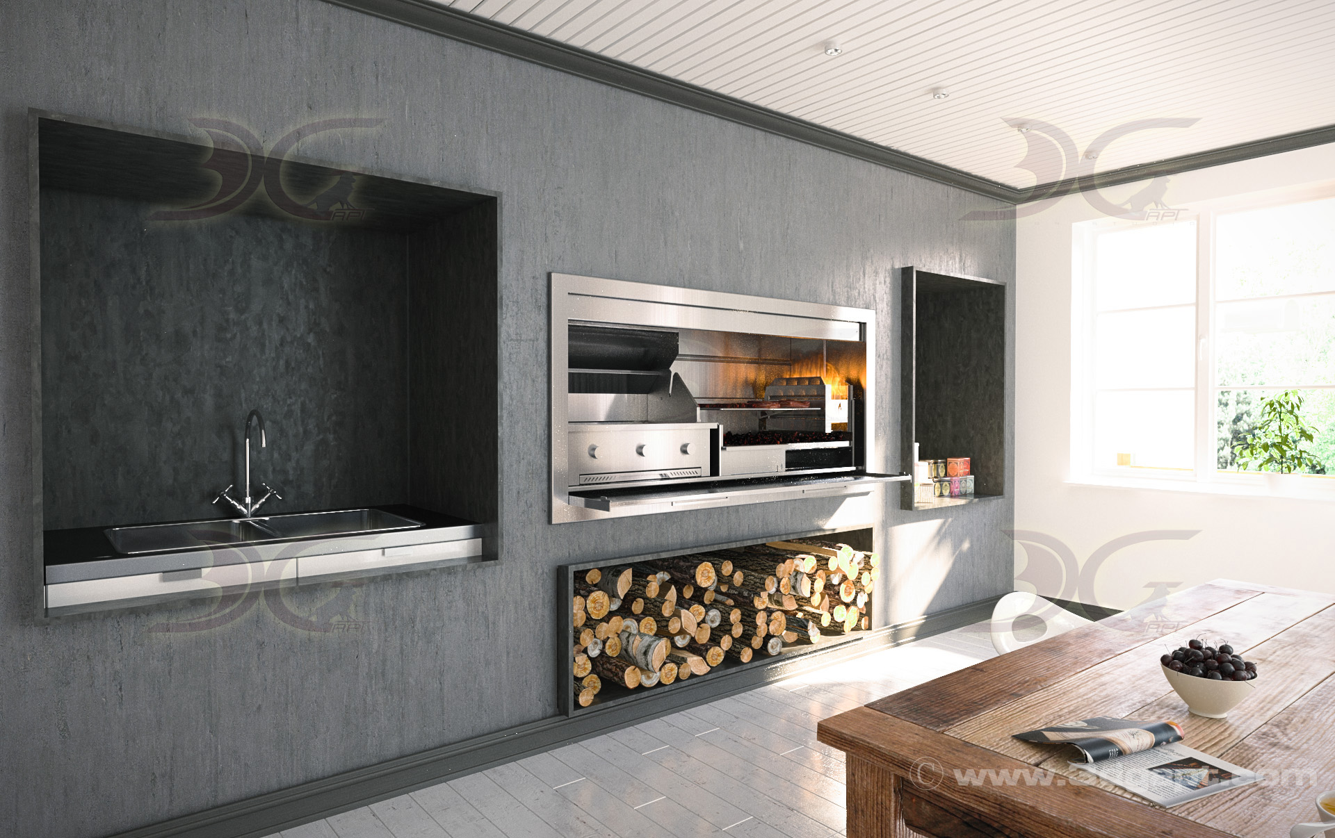 Kitchen with fireplace