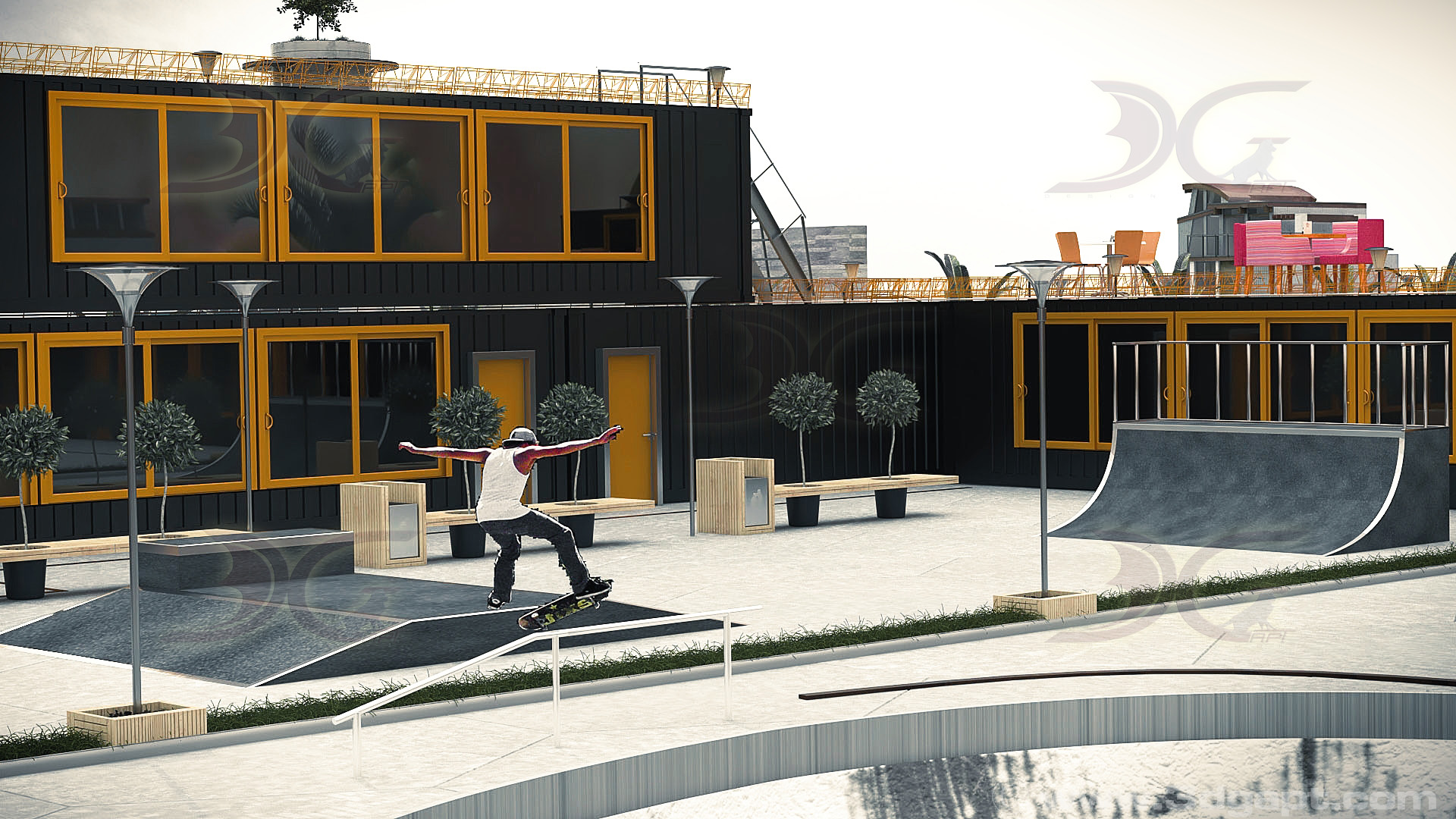 Skateboard and container office park 8
